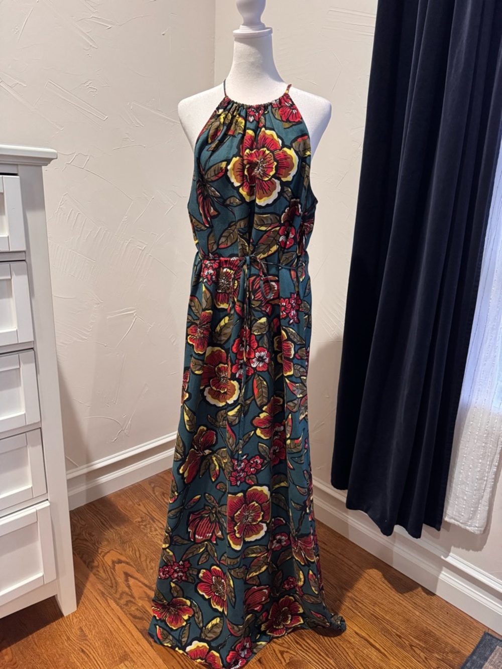LOFT Teal Halter Floral Maxi Dress with Red and Yellow Blooms